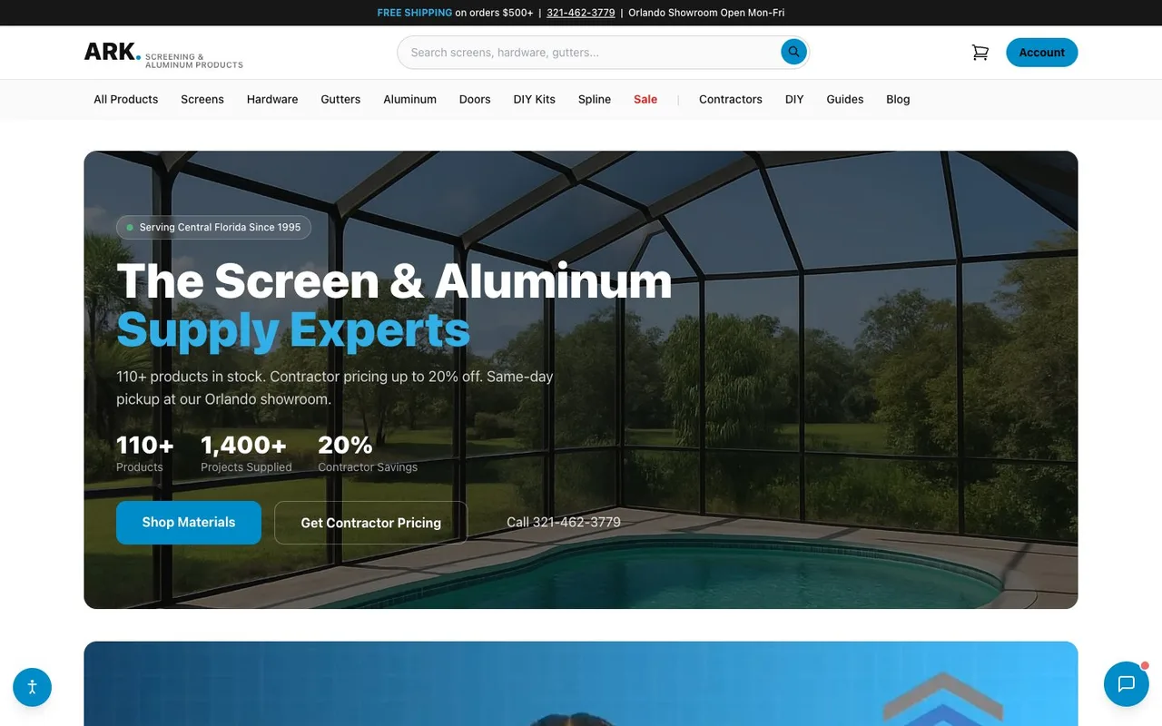 ARK Screening & Aluminum Products website preview