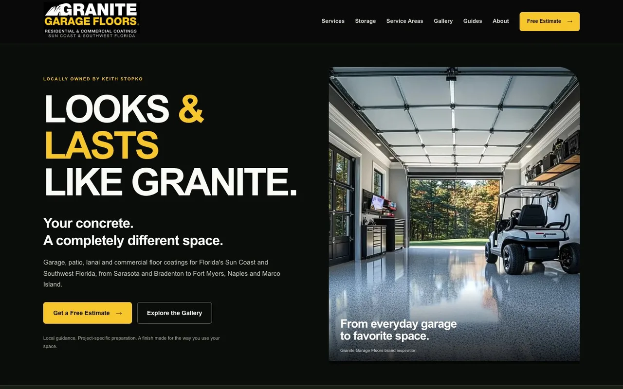 Sun Coast Granite Garage Floors website preview